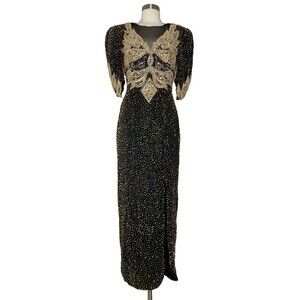 Vintage Cache' Dress Women Small 100% SILK Black Gold Hand Beaded Mesh Sheer Top